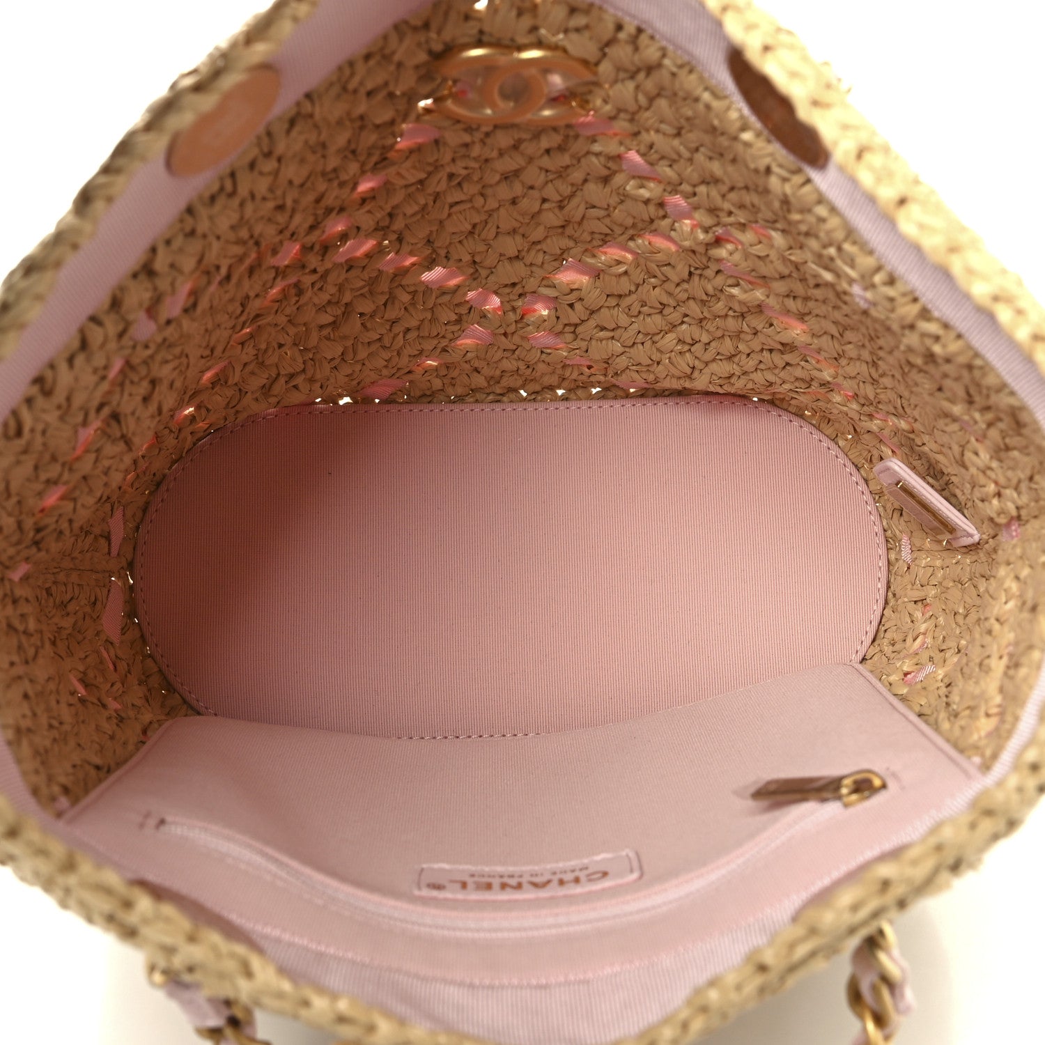 Chanel Raffia Braided Grosgrain Ribbon Small Shopping Bag Beige Light Pink 5 of 10