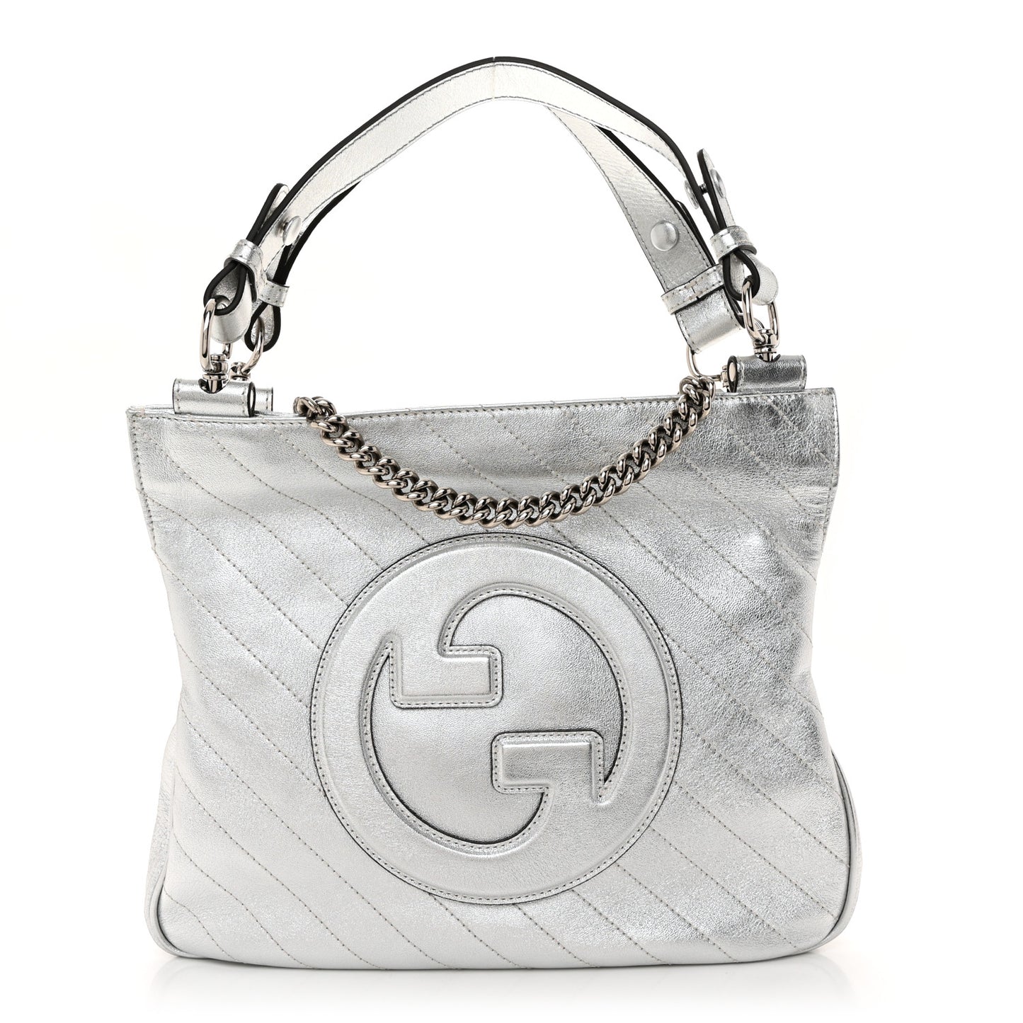 Sakai Be Green Calfskin Diagonal Stitched Small Blondie Tote Silver