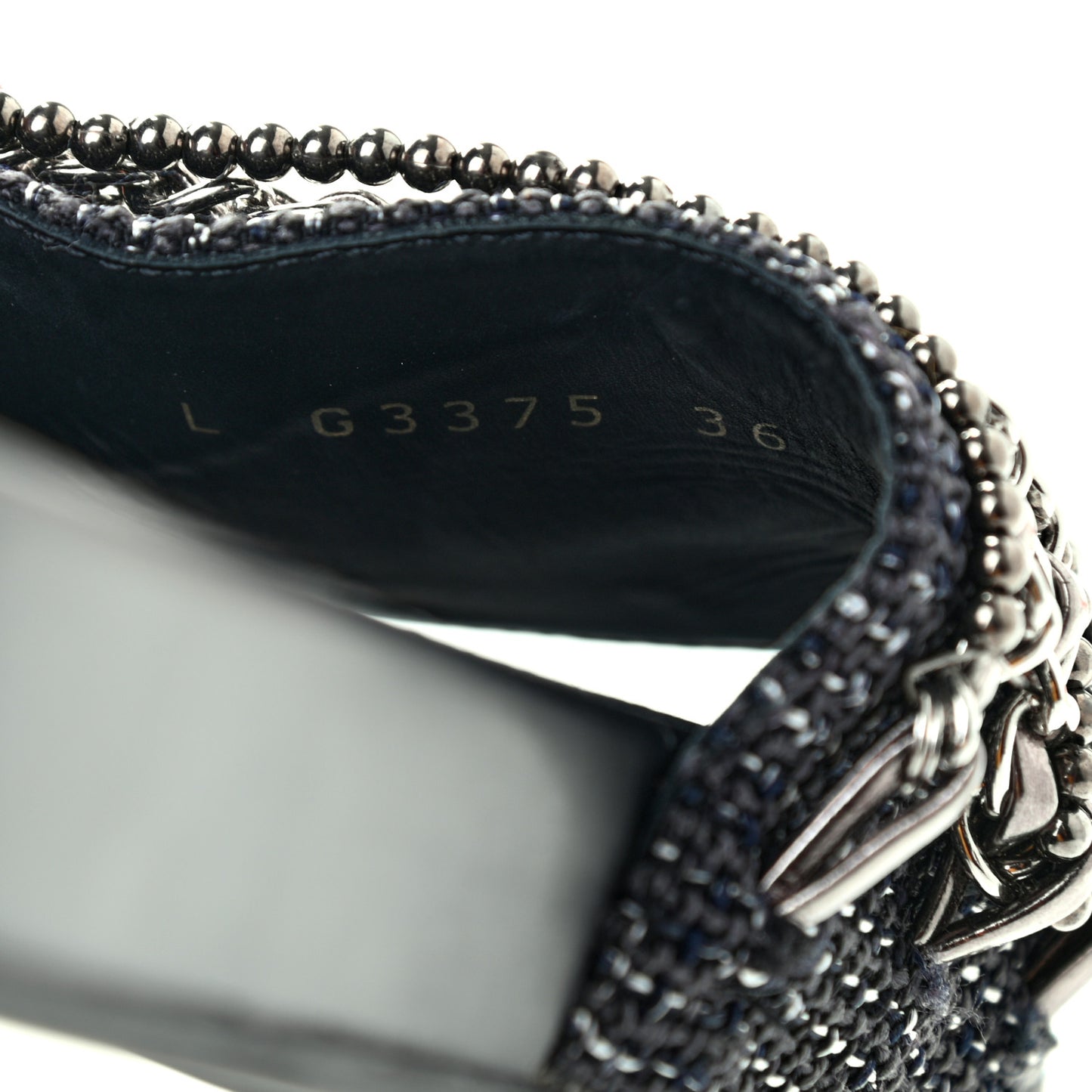 Tweed Lambskin Chain Flat Sandals 36 Silver