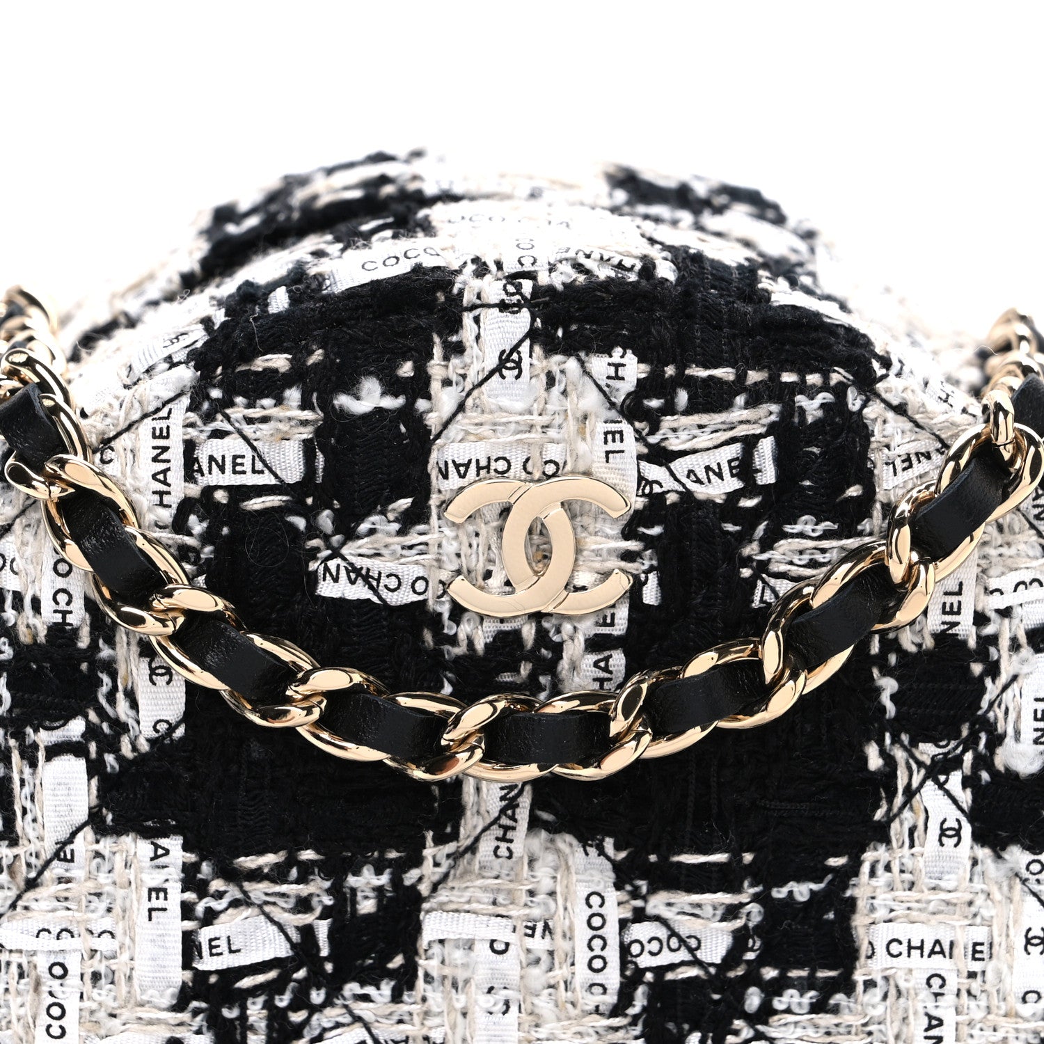 Chanel Tweed Quilted Round Clutch With Chain Black Ecru White 8 of 10