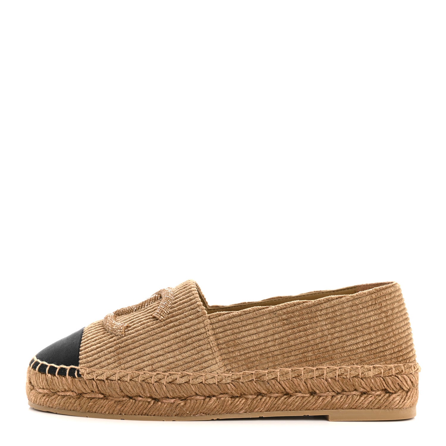 Chanel Corduroy Grosgrain Cap Toe CC Espadrille Flats 38 Dark Beige Black 1 of 10