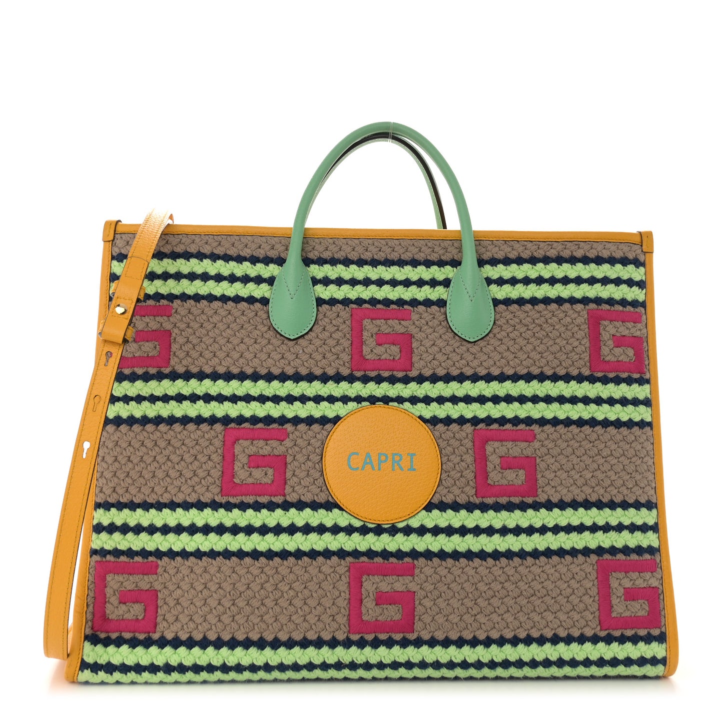 Fabric Embroidered Capri Striped Tote Bag Yellow