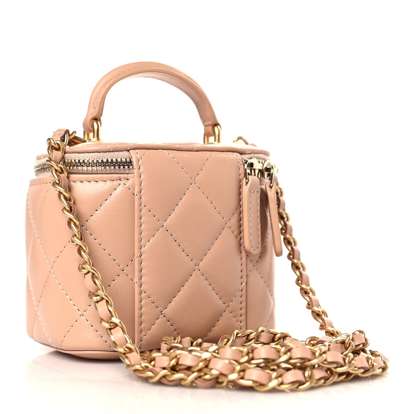 Lambskin Quilted Top Handle Mini Vanity Case With Chain Beige
