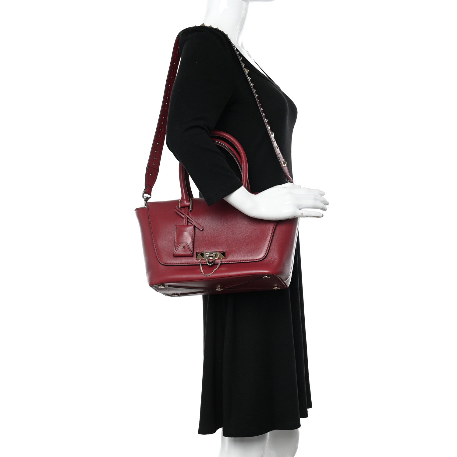 Valentino Garavani Calfskin Small Rockstud Demilune Double Handle Satchel Rubino 2 of 9