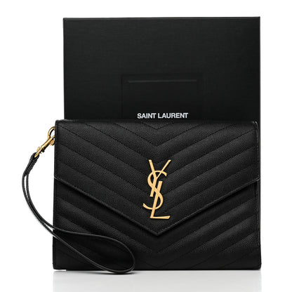 Saint Laurent Grain De Poudre Matelasse Chevron Monogram Envelope Clutch Black 8 of 8