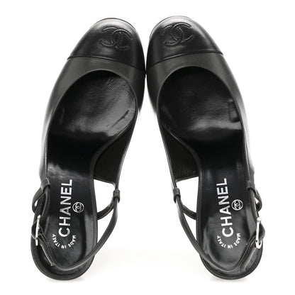Chanel Lambskin Cap Toe CC Slingback Heels 39.5 Dark Grey Black 2 of 12