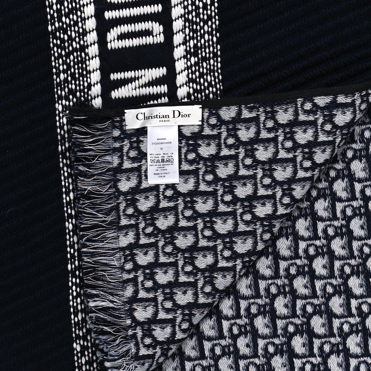 Wool Silk Oblique University Reversible Scarf Navy Blue