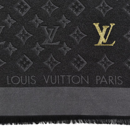 Louis Vuitton Silk Wool Monogram Shawl Black Grey 3 of 4