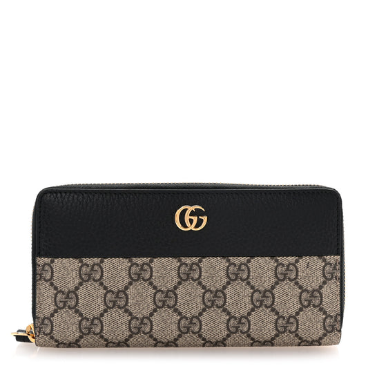 Dollar Calfskin GG Supreme Monogram GG Marmont Zip Around Wallet Black Beige Ebony