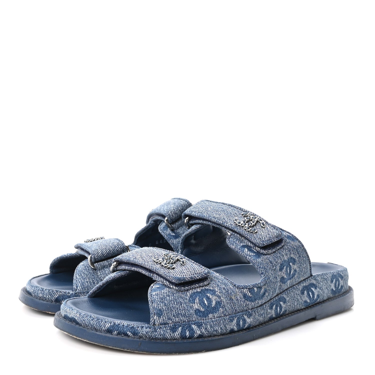 Chanel Denim CC Velcro Dad Chain CC Slide Sandals 39 Blue 4 of 10