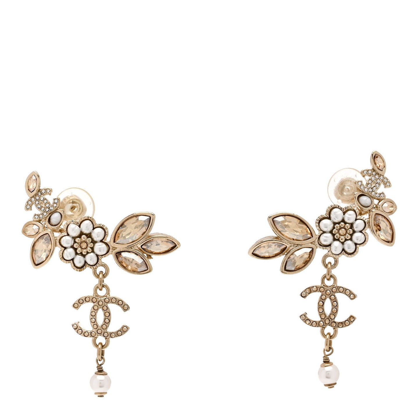 Pearl Crystal CC Flower Cluster Drop Earrings Gold Light Brown Pearly White