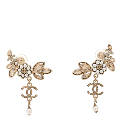 Chanel Pearl Crystal CC Flower Cluster Drop Earrings Gold Light Brown Pearly White 1 of 5
