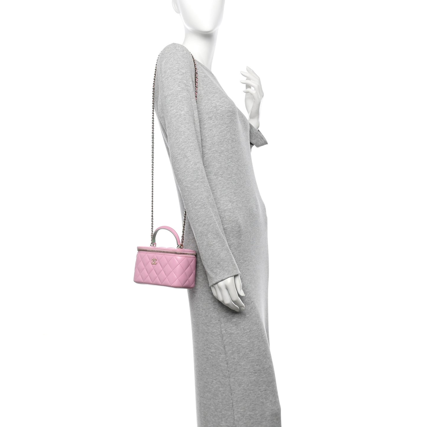 Lambskin Quilted Small Top Handle Vanity Case With Chain Lilac Light Green