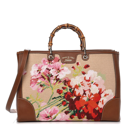 Gucci Canvas Blooms Embroidered Large Bamboo Shopper Tote Brown 1 of 8