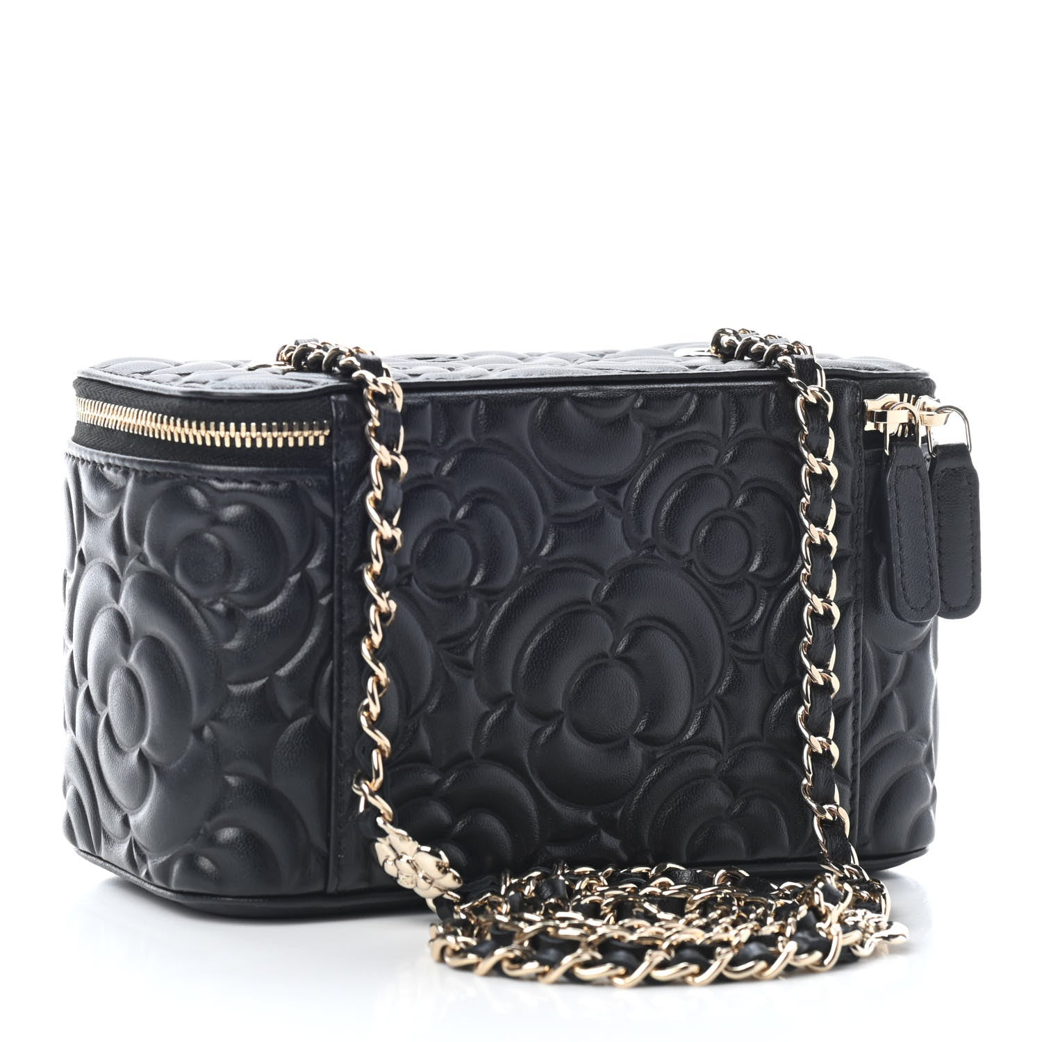 Chanel Lambskin Camellia Embossed Small Vanity Case With Chain Black 3 of 9