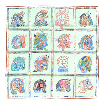 Hermes Silk Chevaloscope Scarf 90 Vert D'eau Corail Bleu 1 of 5