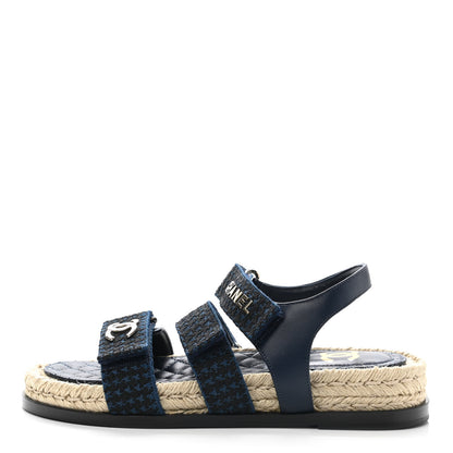 Chanel Tweed Lambskin Velcro Dad Sandals 37 Navy Black 1 of 8