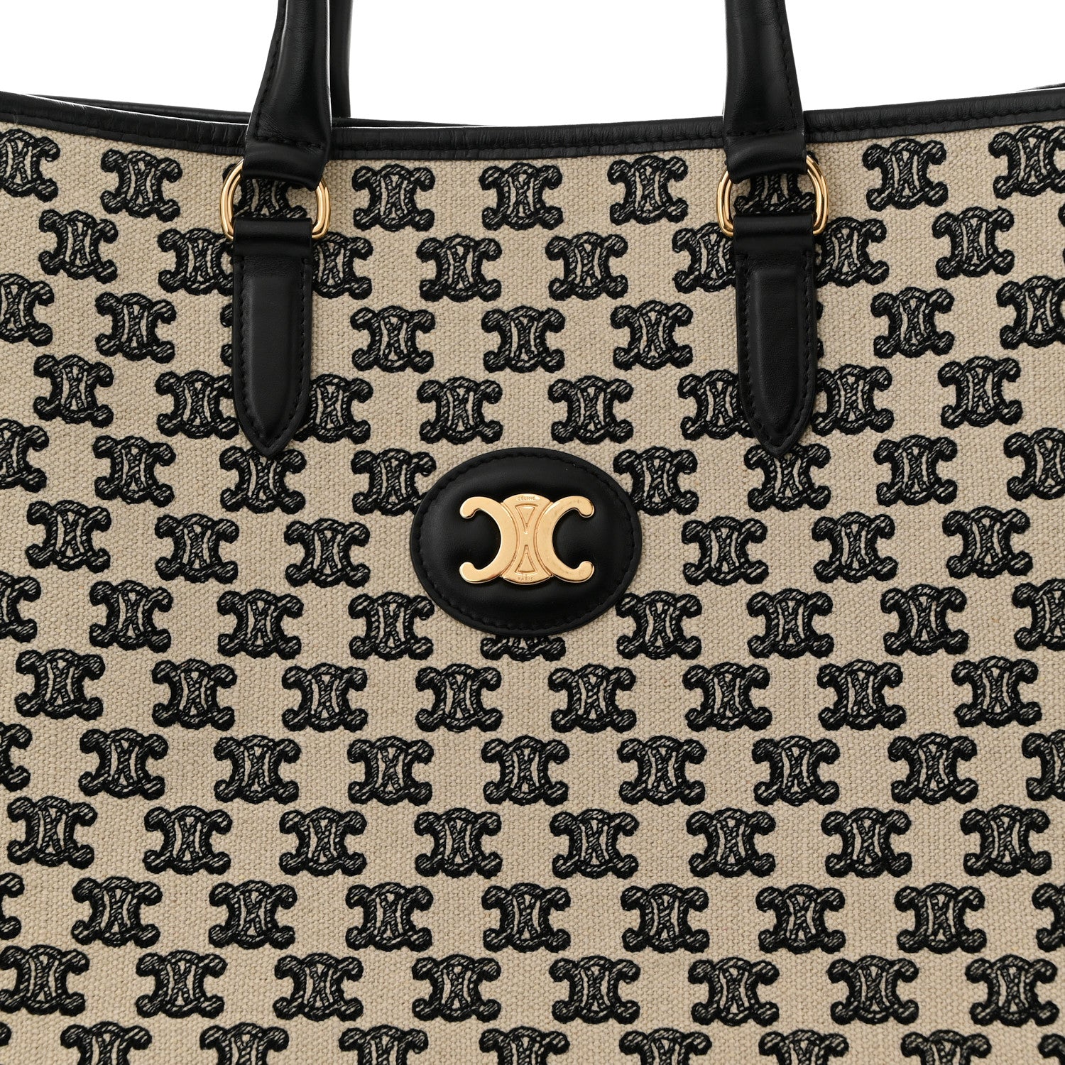 Celine Canvas Calfskin Triomphe Embroidered Horizontal Cabas Black