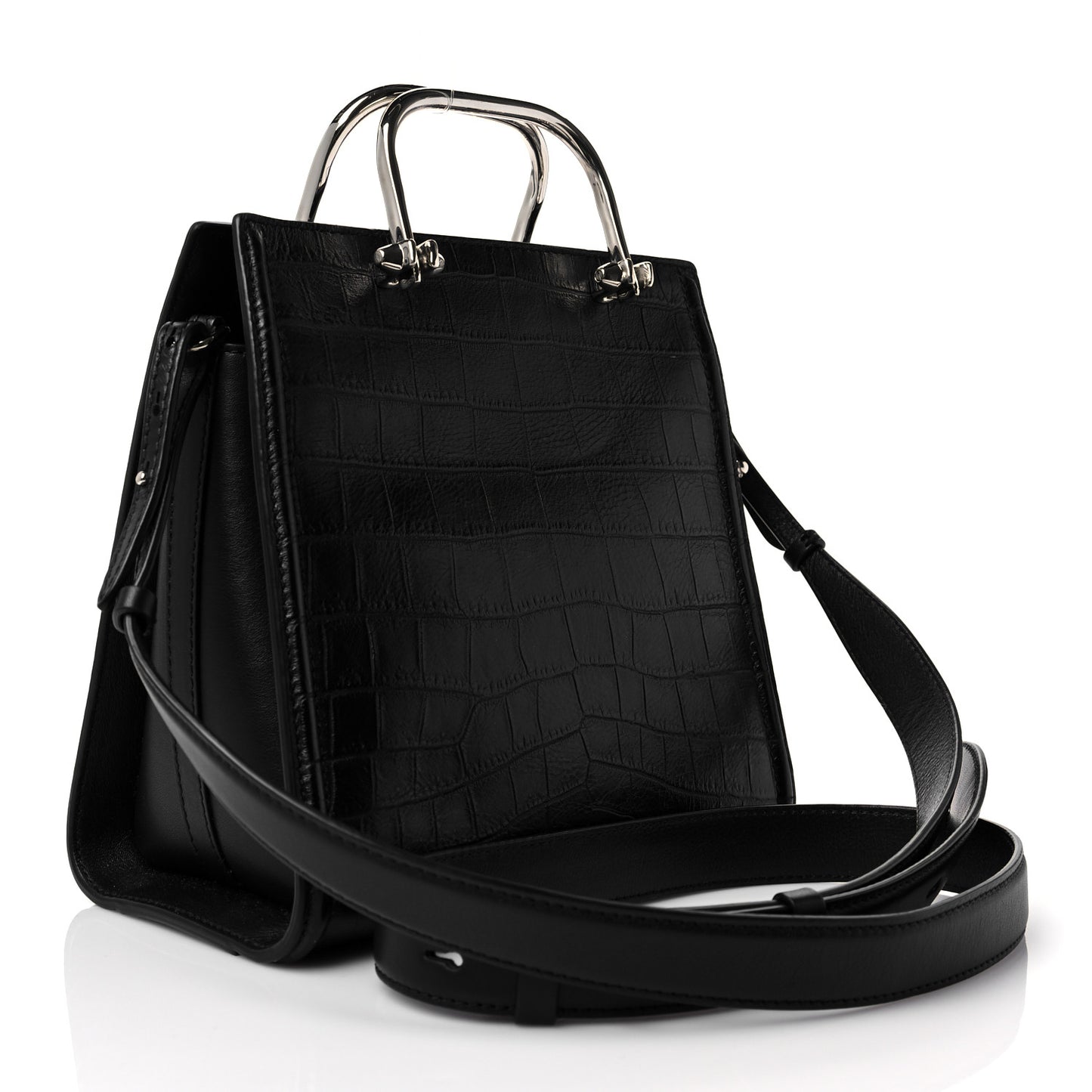 Crocodile Embossed Calfskin The Short Story Shoulder Bag Black