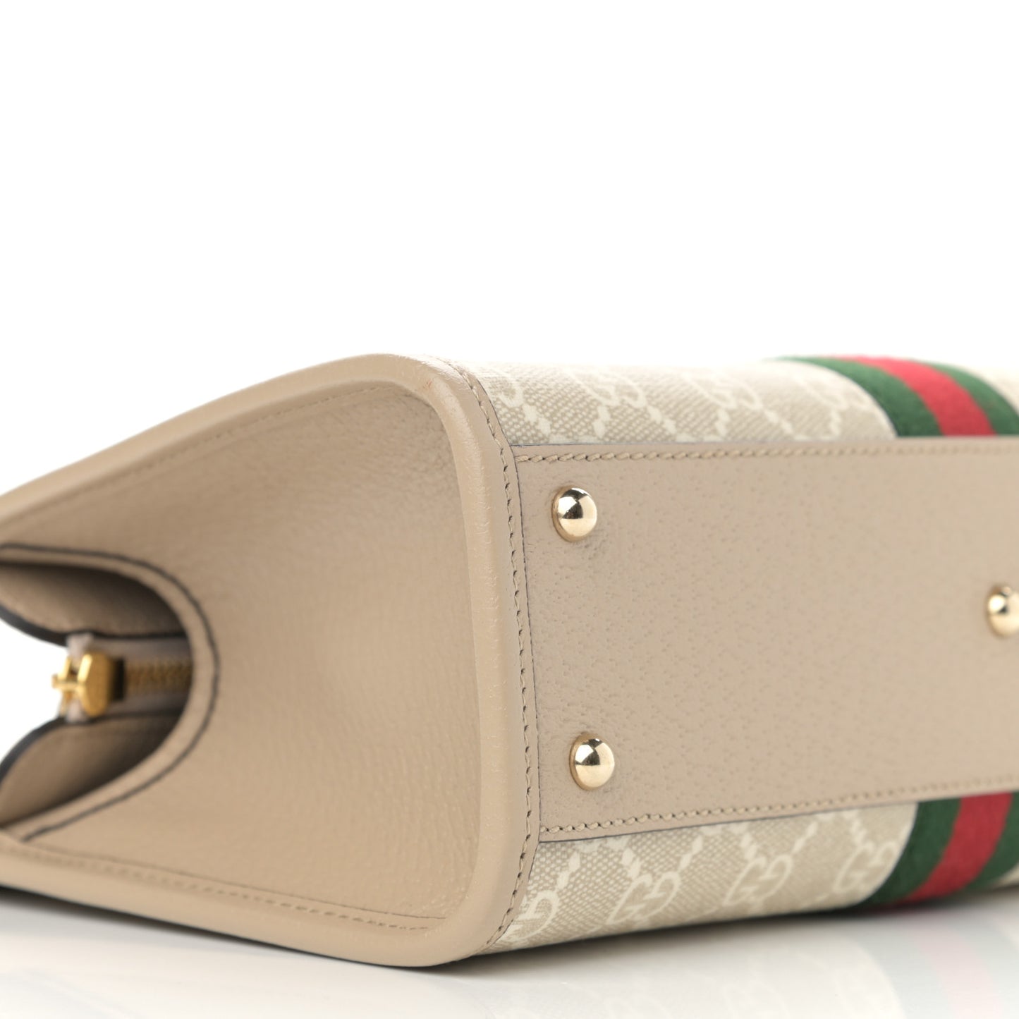 GG Supreme Monogram Textured Dollar Calfskin Web Small Ophidia Slip Handle Tote Beige Mystic White Oatmeal