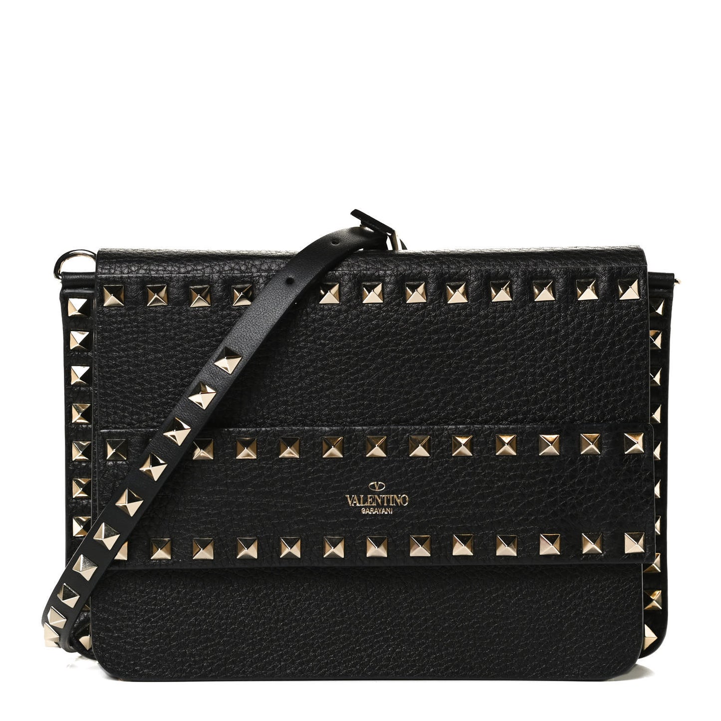 Pebbled Calfskin Rockstud Side Slip Crossbody Black