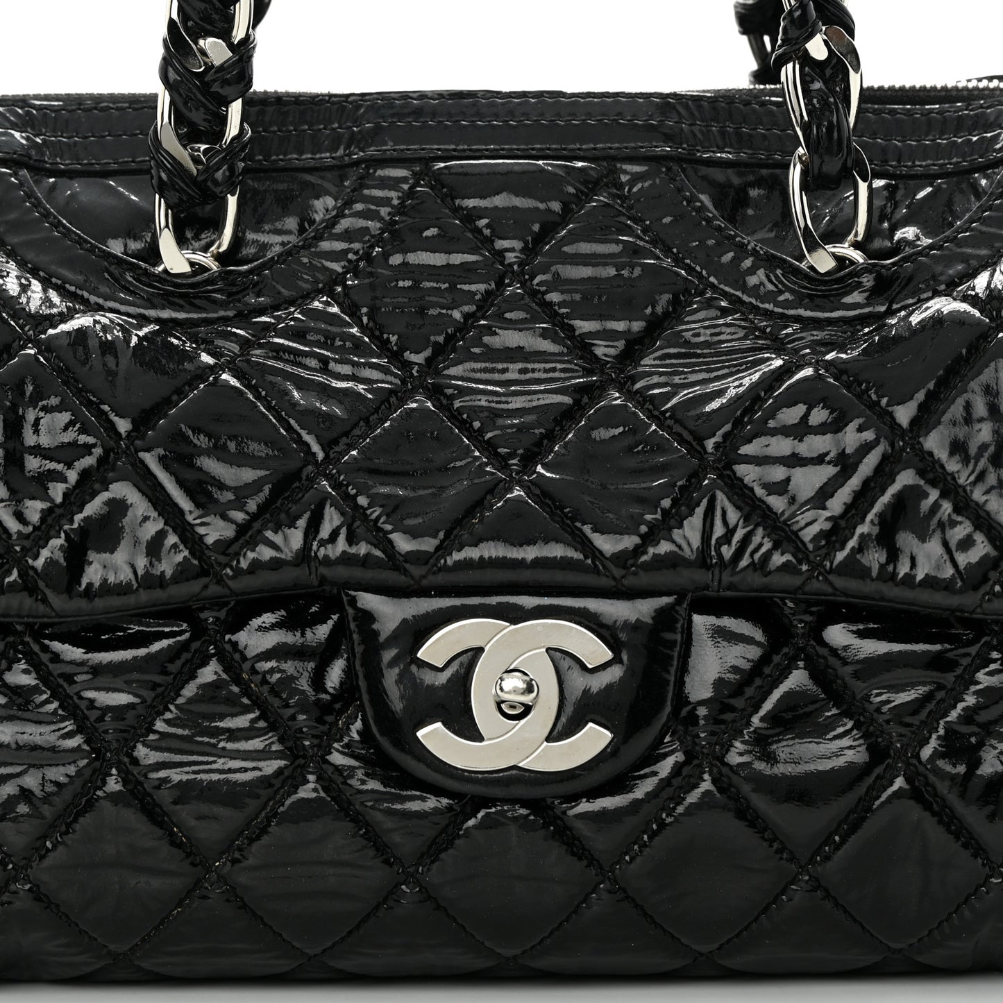 Patent Quilted Day Glo Flap Bag Black