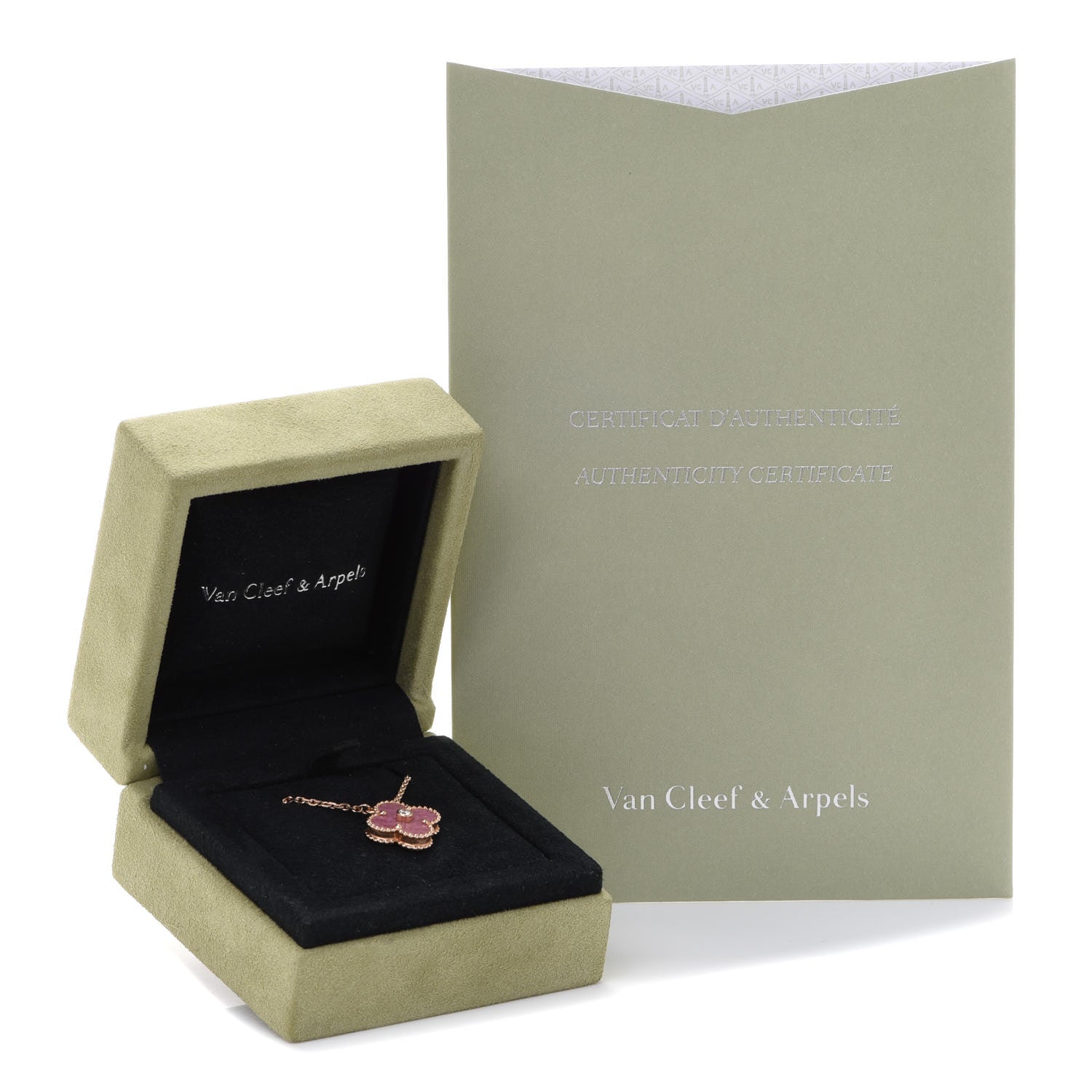 Van Cleef & Arpels 18K Rose Gold Diamond Rhodonite Vintage Alhambra Pendant Necklace 6 of 6