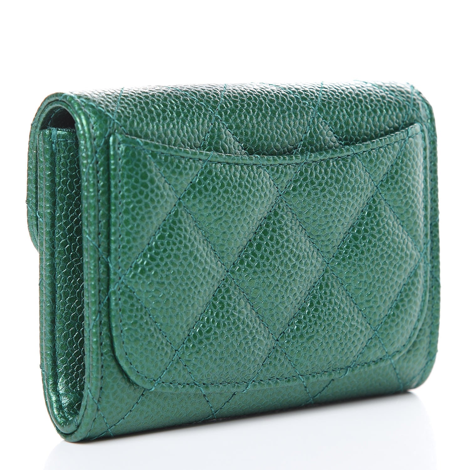 Chanel Metallic Caviar Quilted Card Holder Wallet Green 3 of 9