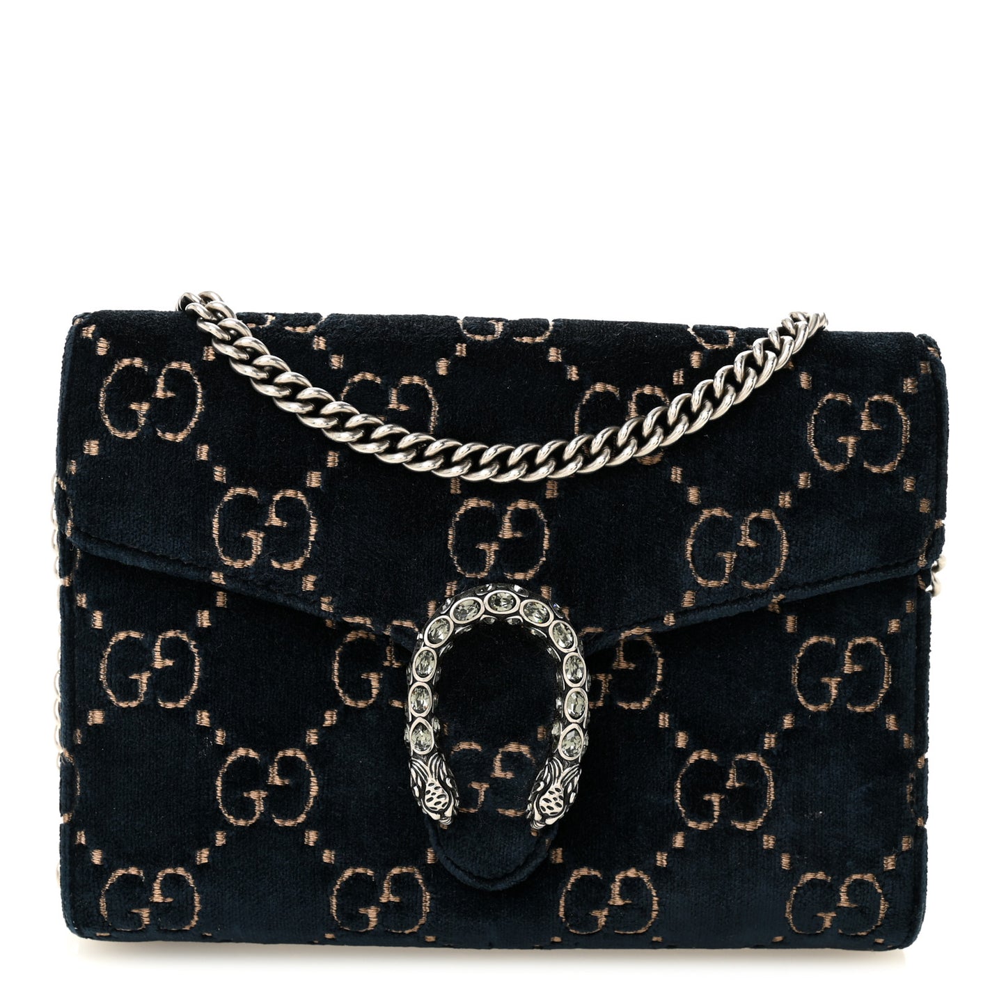 Velvet Crystal GG Monogram Mini Dionysus Chain Wallet Blue Beige Black
