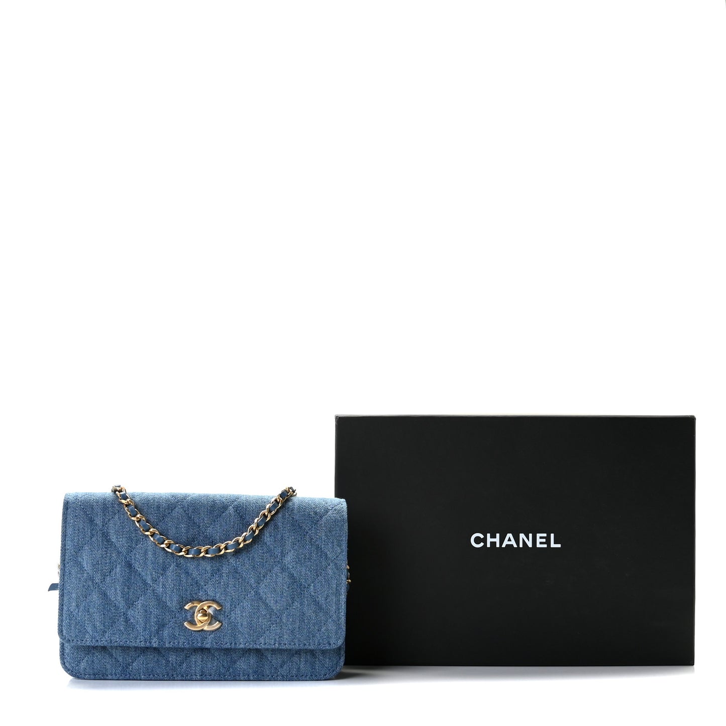 Denim Quilted CC Pearl Crush Wallet On Chain WOC Blue