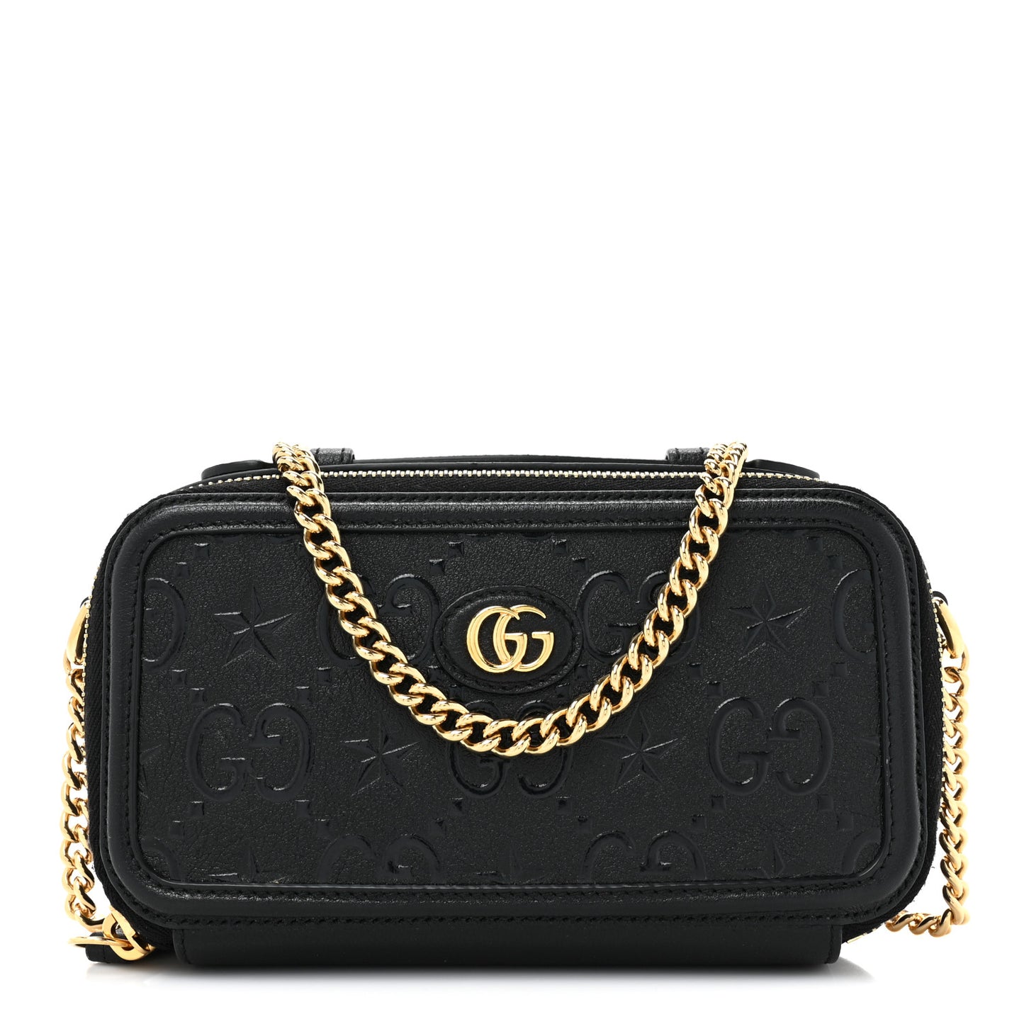Wonka Grain Calfskin GG Monogram Star Embossed GG Top Handle Phone Case Black