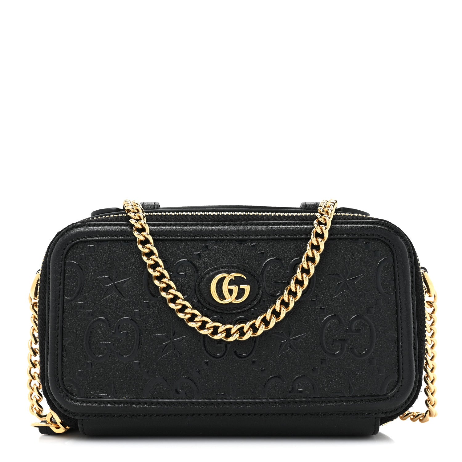 Gucci Wonka Grain Calfskin GG Monogram Star Embossed GG Top Handle Phone Case Black 1 of 10
