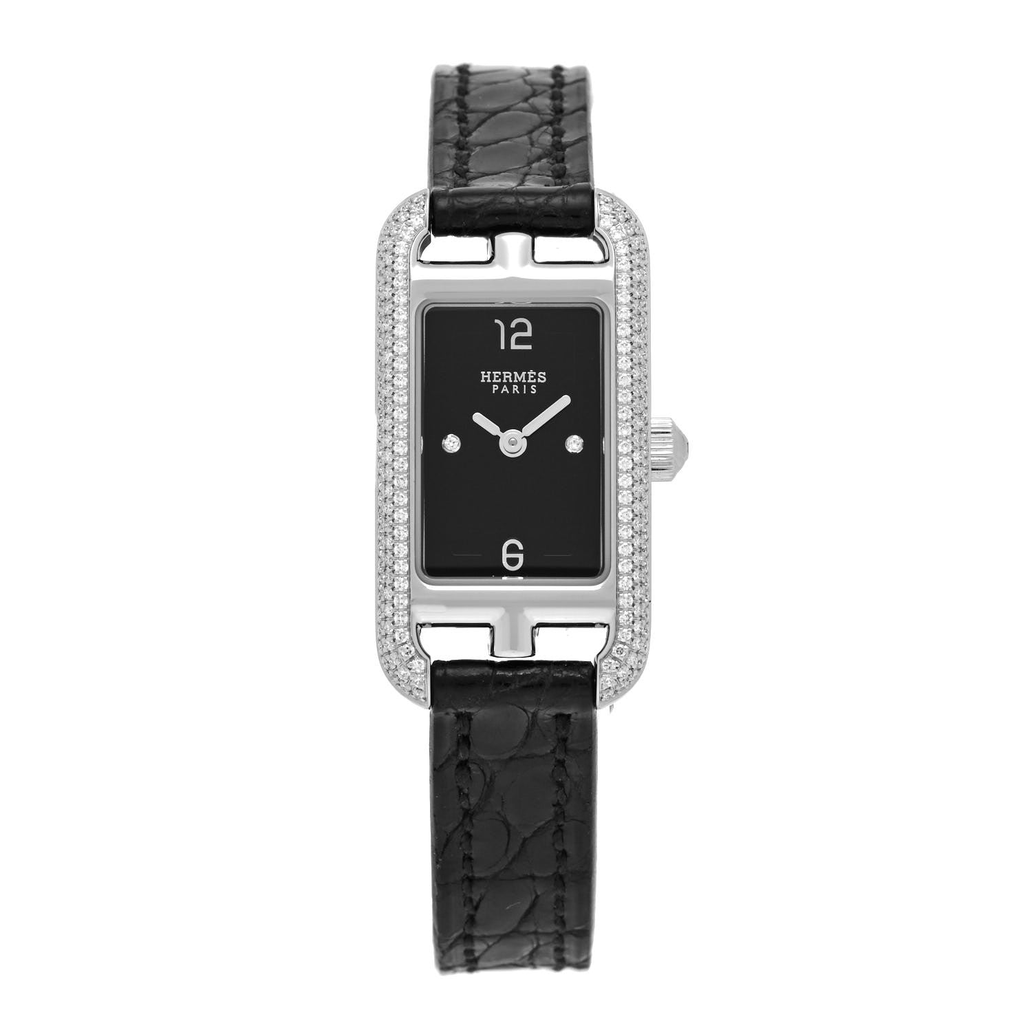 Hermes Stainless Steel Alligator Diamond 17mm Nantucket Serti Joaillier Quartz Watch Noir 1 of 5