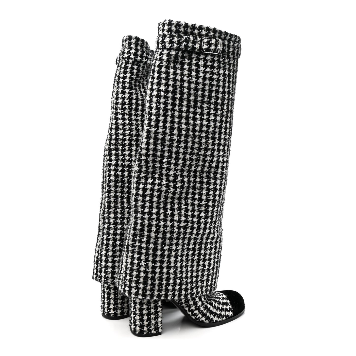 Tweed Sequin Velvet Cap Toe Fold Over High Boots 38.5 White Black