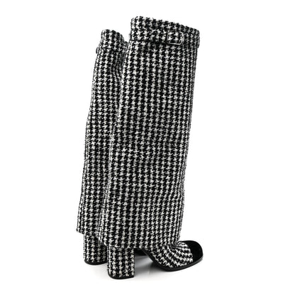 Chanel Tweed Sequin Velvet Cap Toe Fold Over High Boots 38.5 White Black 4 of 9
