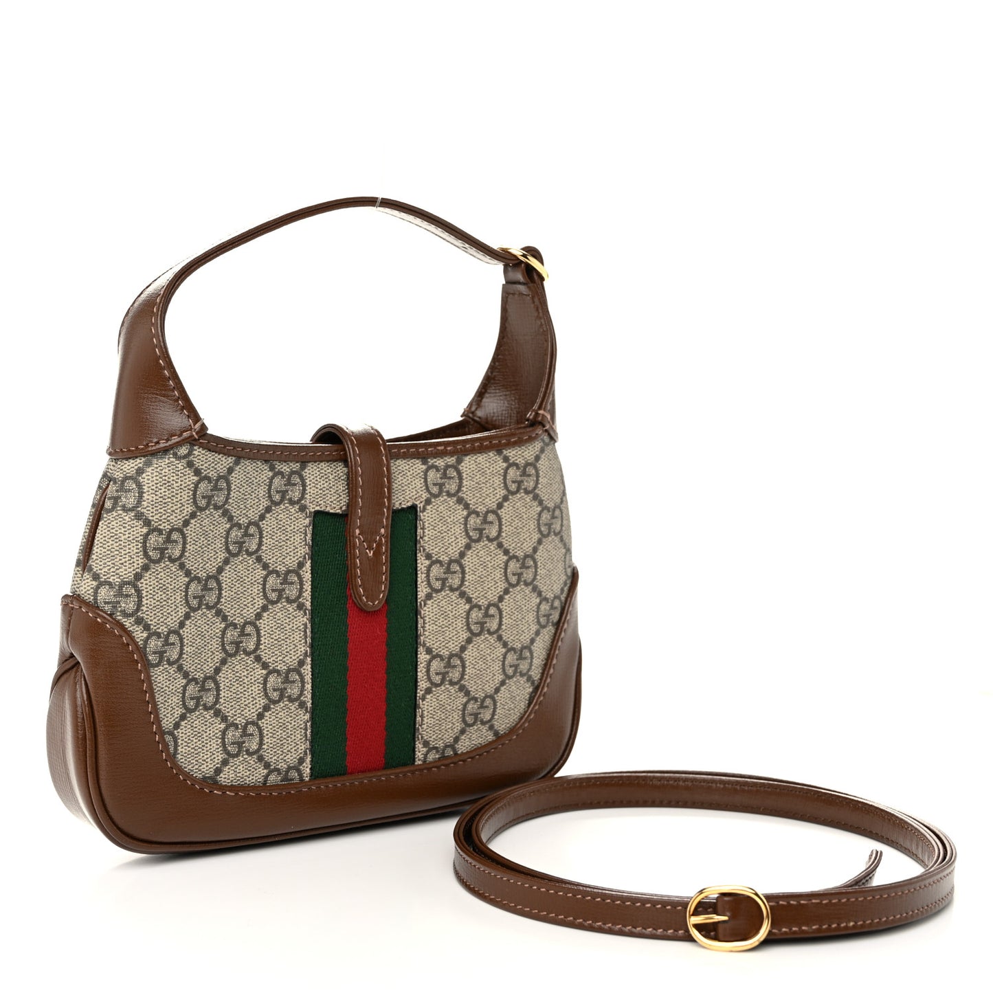 GG Supreme Monogram Azalea Calfskin Web Mini Jackie 1961 Hobo Beige Ebony Brown Sugar