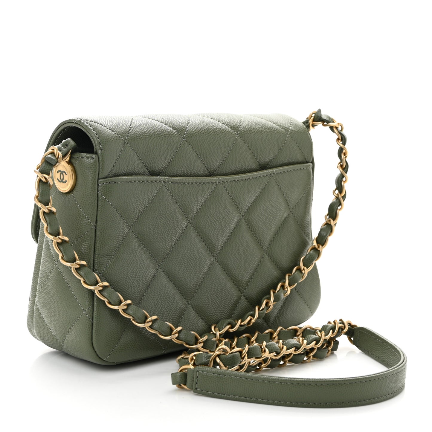 Shiny Caviar Quilted Mini Flap Khaki