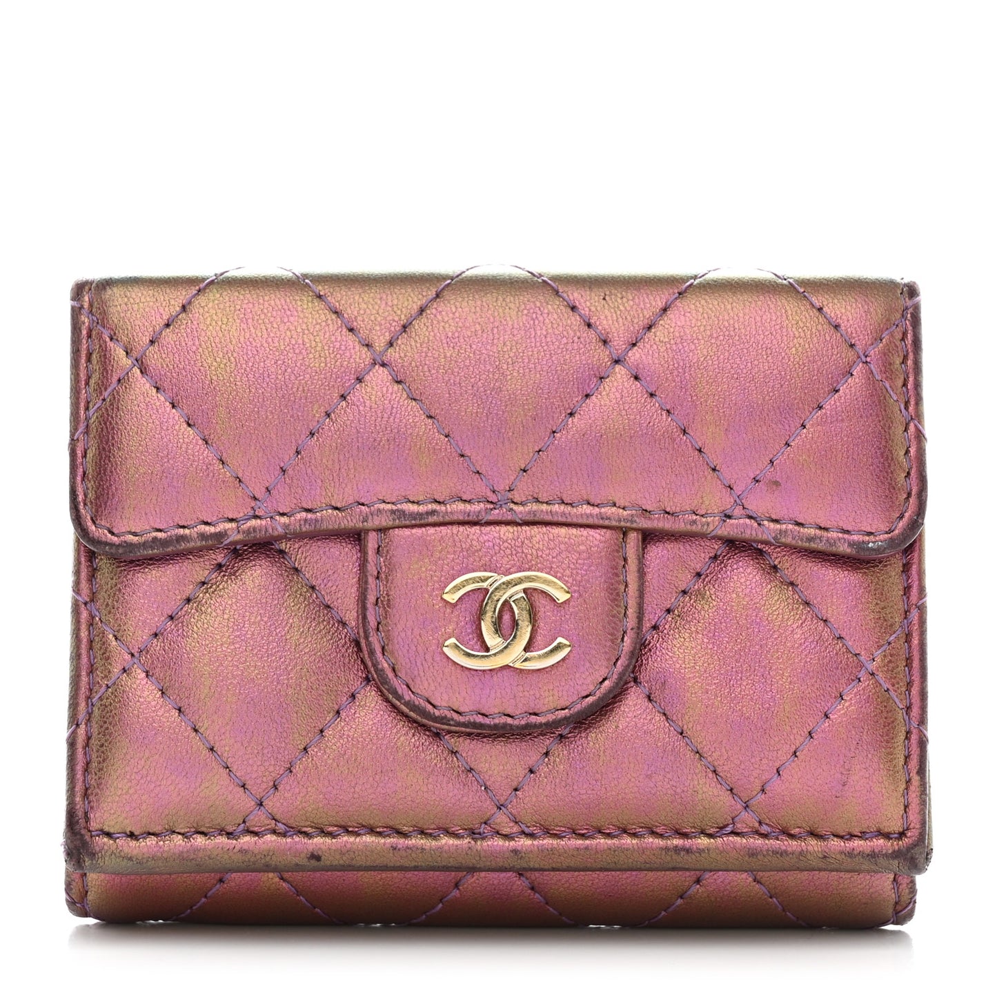 Iridescent Lambskin Quilted Double Flap Wallet Purple