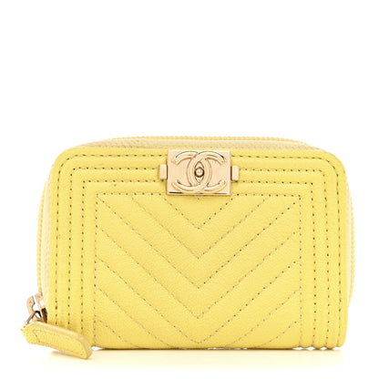 Chanel Caviar Chevron Quilted Boy Zip Around Coin Purse Wallet Yellow 1 of 7