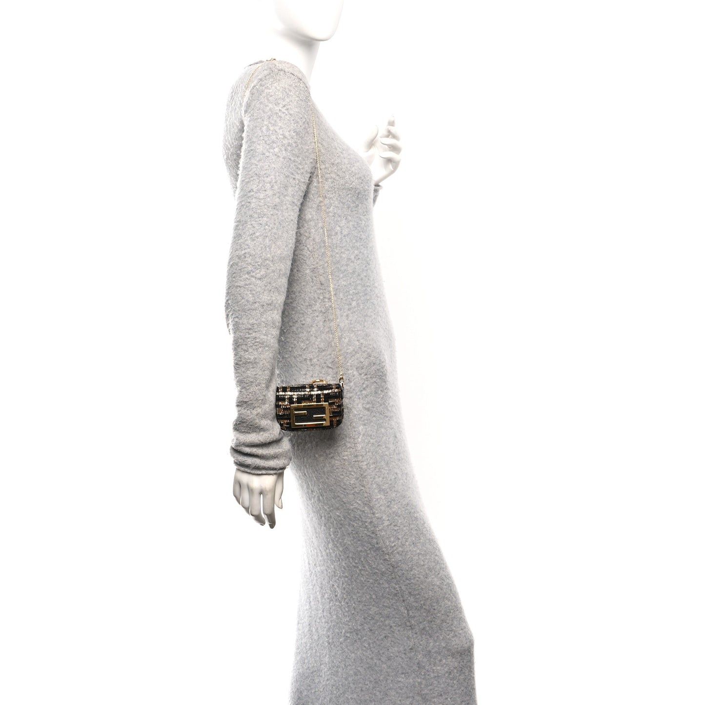Crystal Vitello King FF Beaded Nano Maxi Buckle Baguette Charm Moro Black