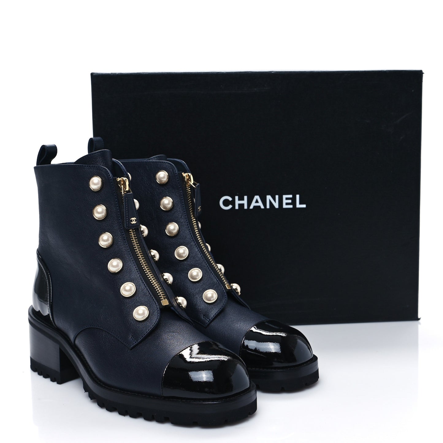 Grained Calfskin Patent Pearl Combat Ankle Boots 41 Dark Navy Blue Black