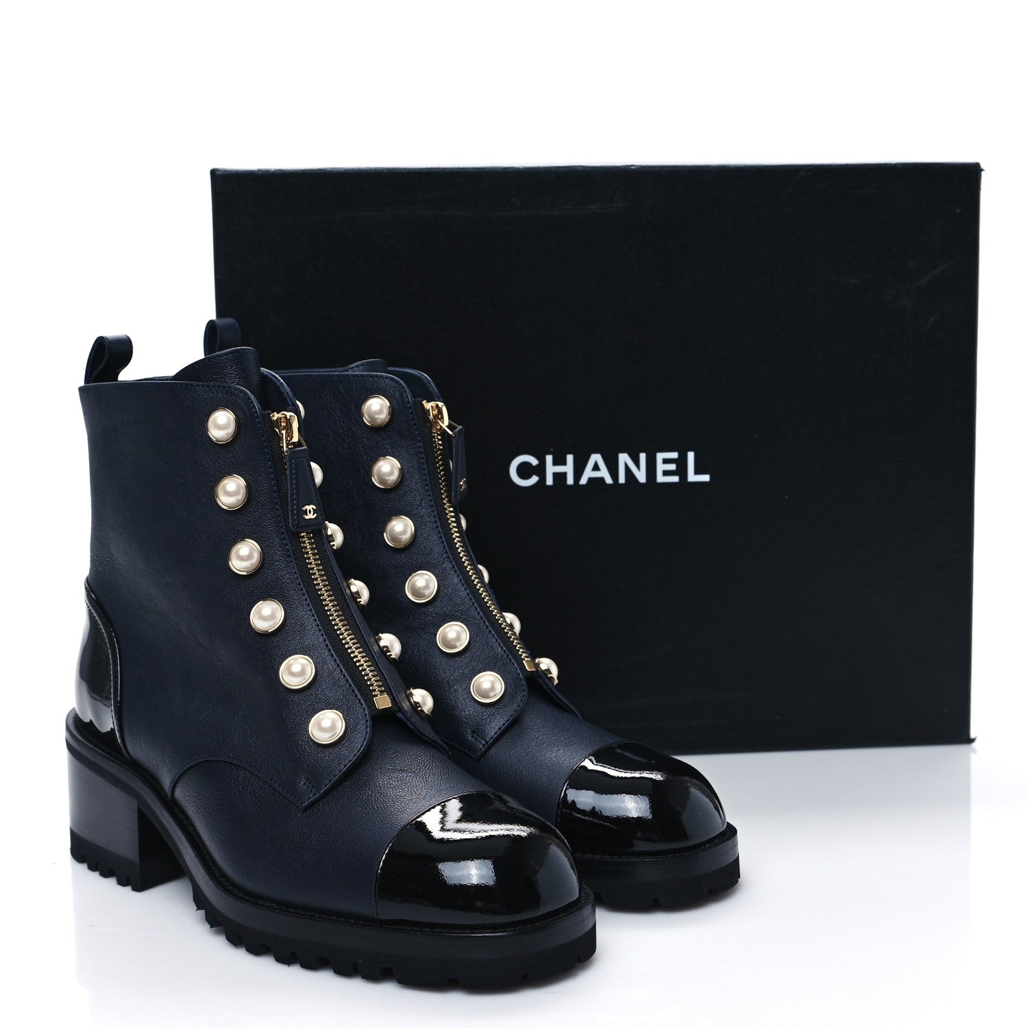 Chanel Grained Calfskin Patent Pearl Combat Ankle Boots 41 Dark Navy Blue Black 10 of 10