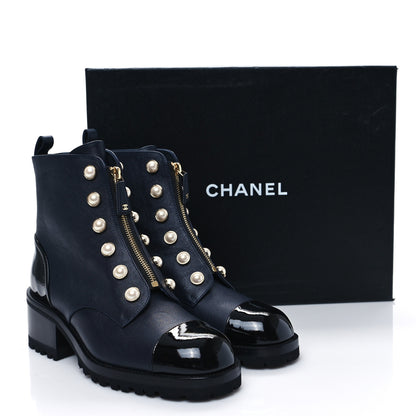 Chanel Grained Calfskin Patent Pearl Combat Ankle Boots 41 Dark Navy Blue Black 10 of 10