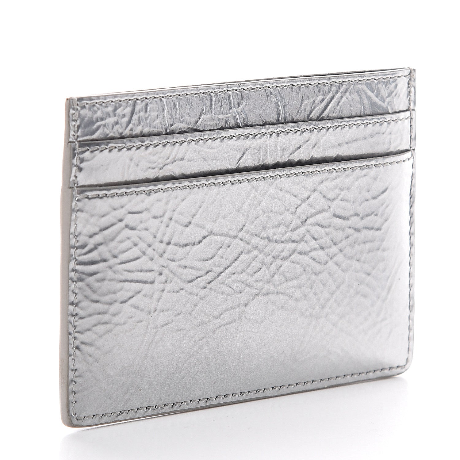 Saint Laurent Textured Patent Metallic Matelasse Chevron Monogram Credit Card Case Argento 2 of 5