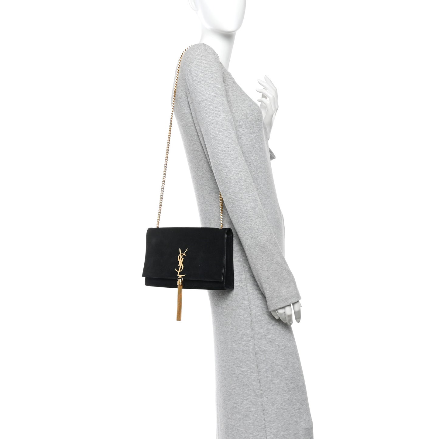 Suede Medium Classic Monogram Kate Tassel Satchel Black
