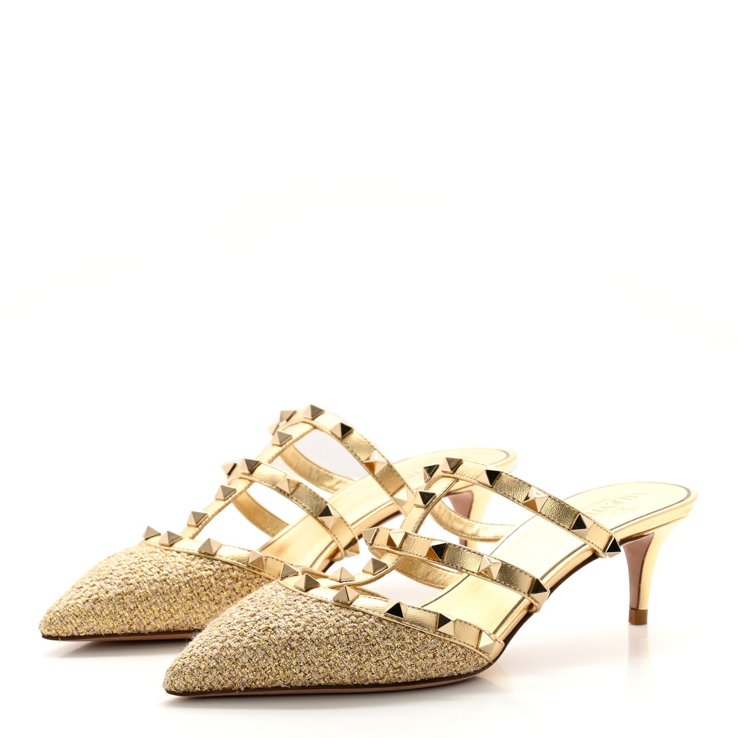 Metallic Boucle Calfskin Rockstud 50mm Cage Mules 37 Gold