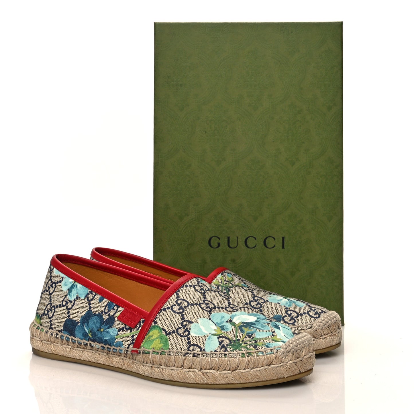 GG Supreme Monogram Blooms Espadrilles 38 Beige Blue Navy Hibiscus Red