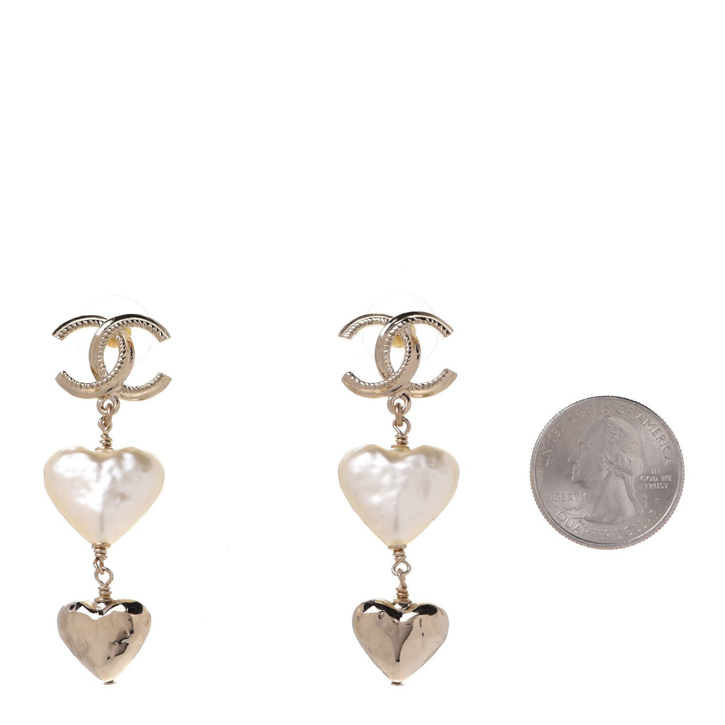 Pearl CC Double Heart Drop Earrings Gold