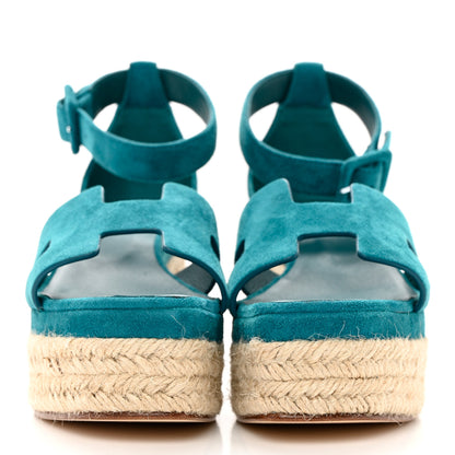 Hermes Suede Goatskin Elda Espadrille Wedge Sandals 36 Vert Oxford 2 of 17