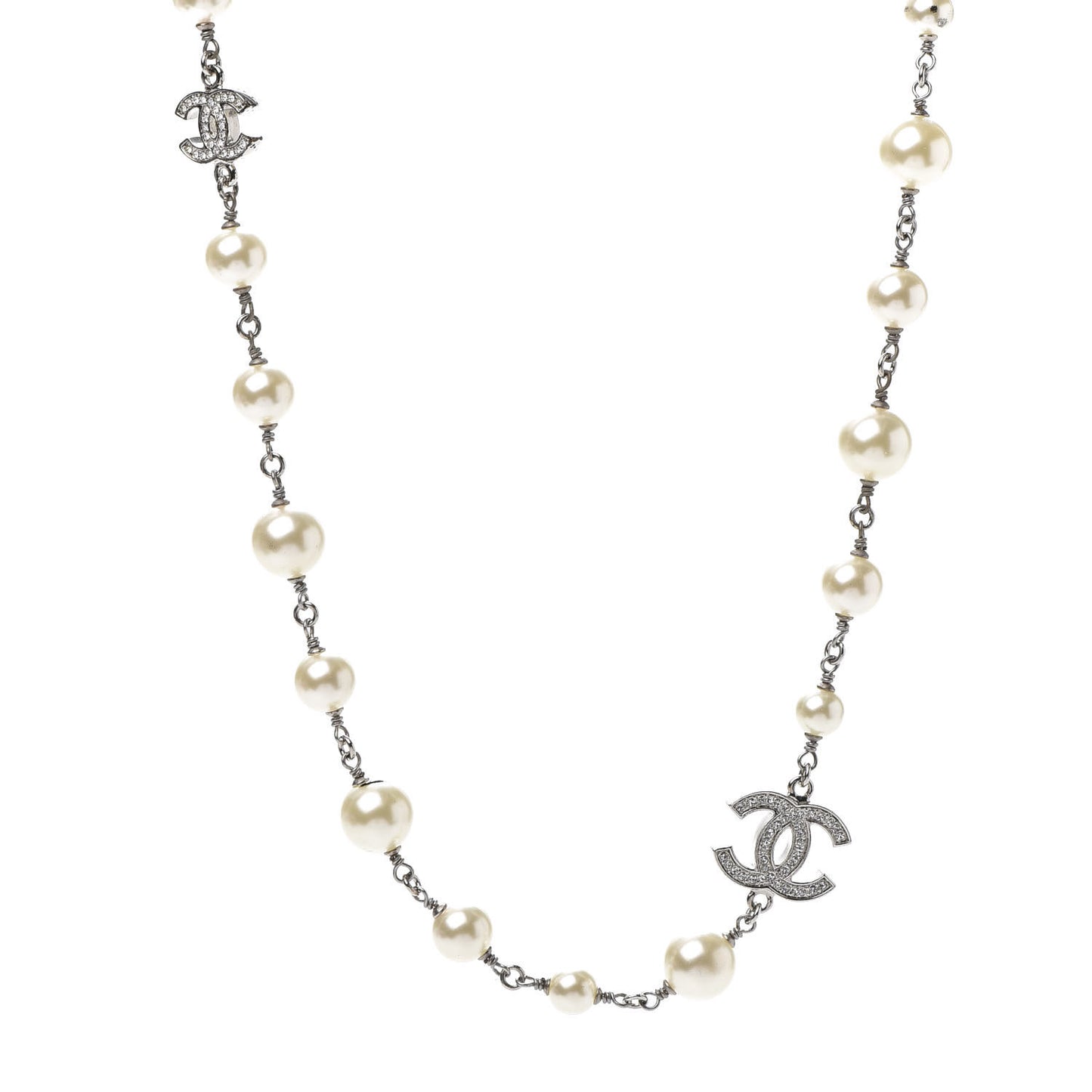 Crystal Pearl CC Long Necklace Silver